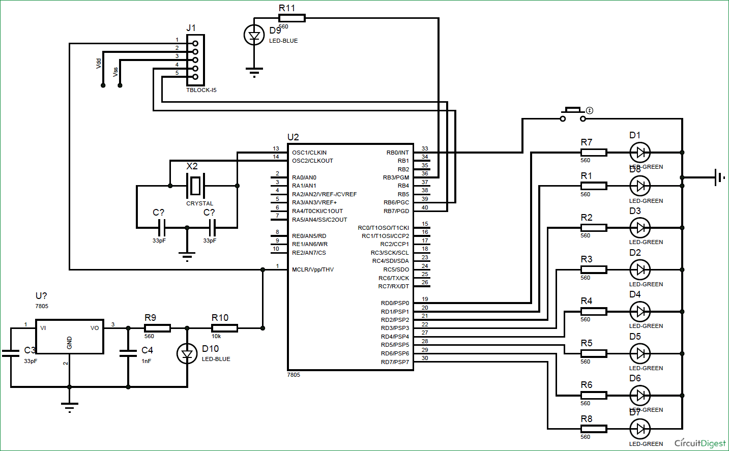 LED Blinking Sequence Circuit Diagram with PIC Microcontroller