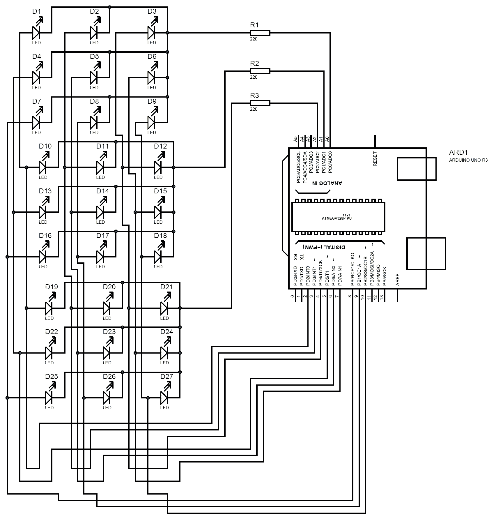 3X3X3 LED CUBE USING ARDUINO UNO Circuit diagram