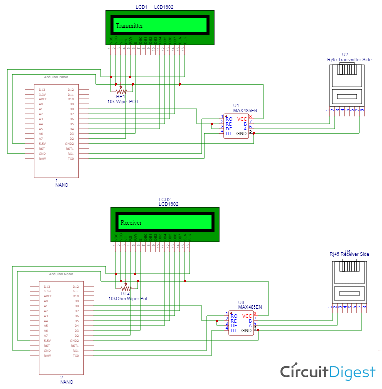 Long Distance Serial Communication using Arduino Circuit Diagram