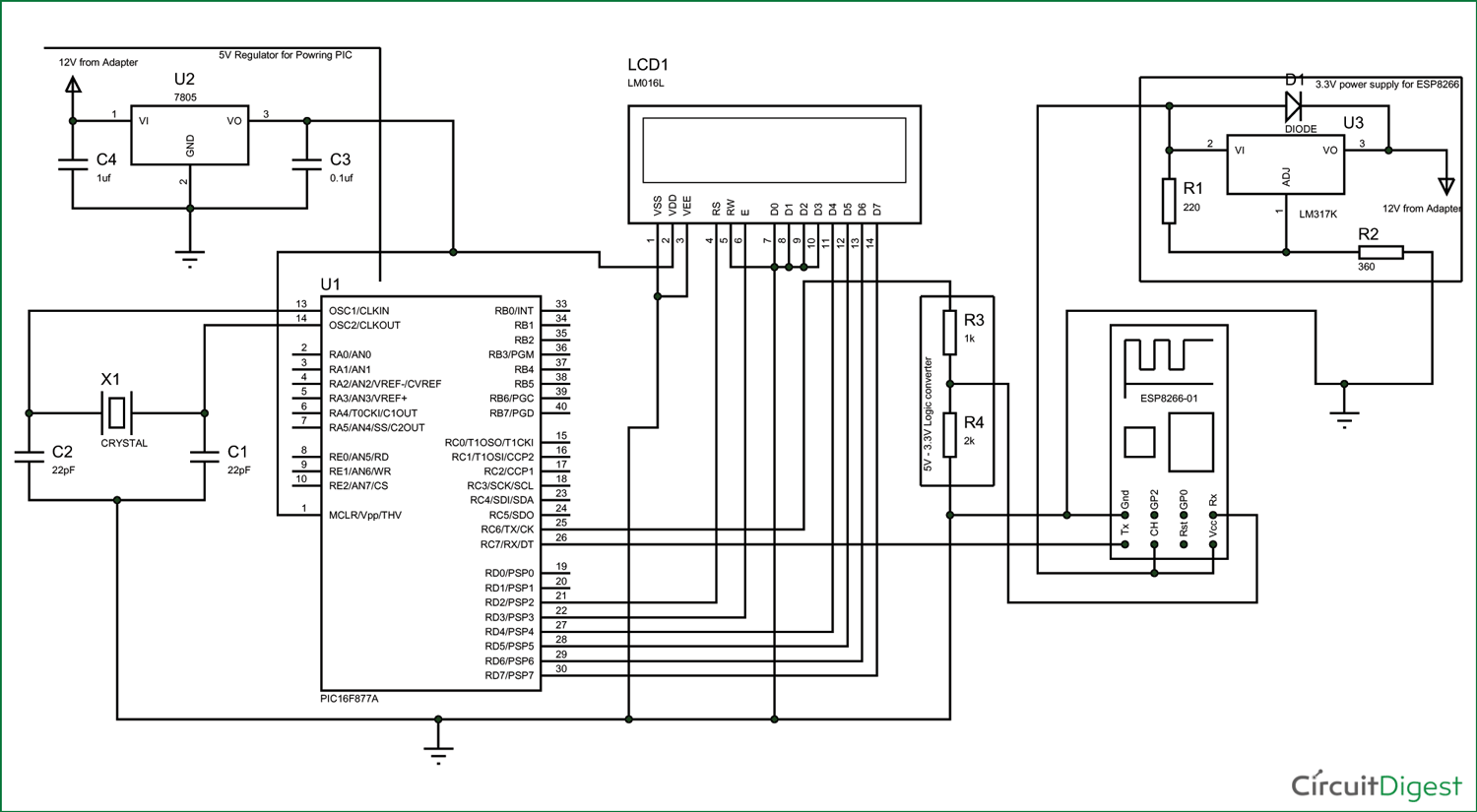 Circuit Diagram for Interfacing PIC16F877A with ESP8266