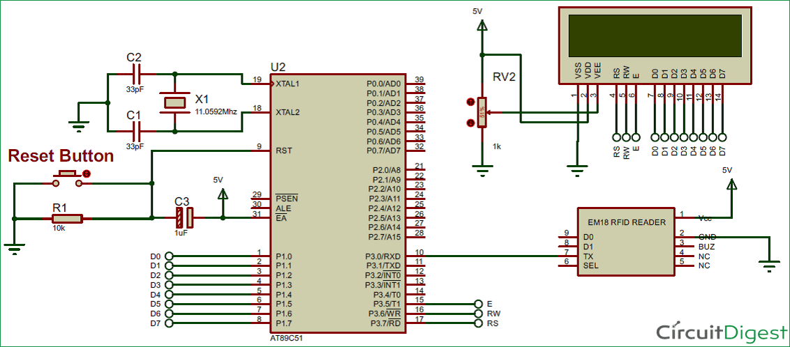 RFID Interfacing with 8051 Microcontroller circuit diagram