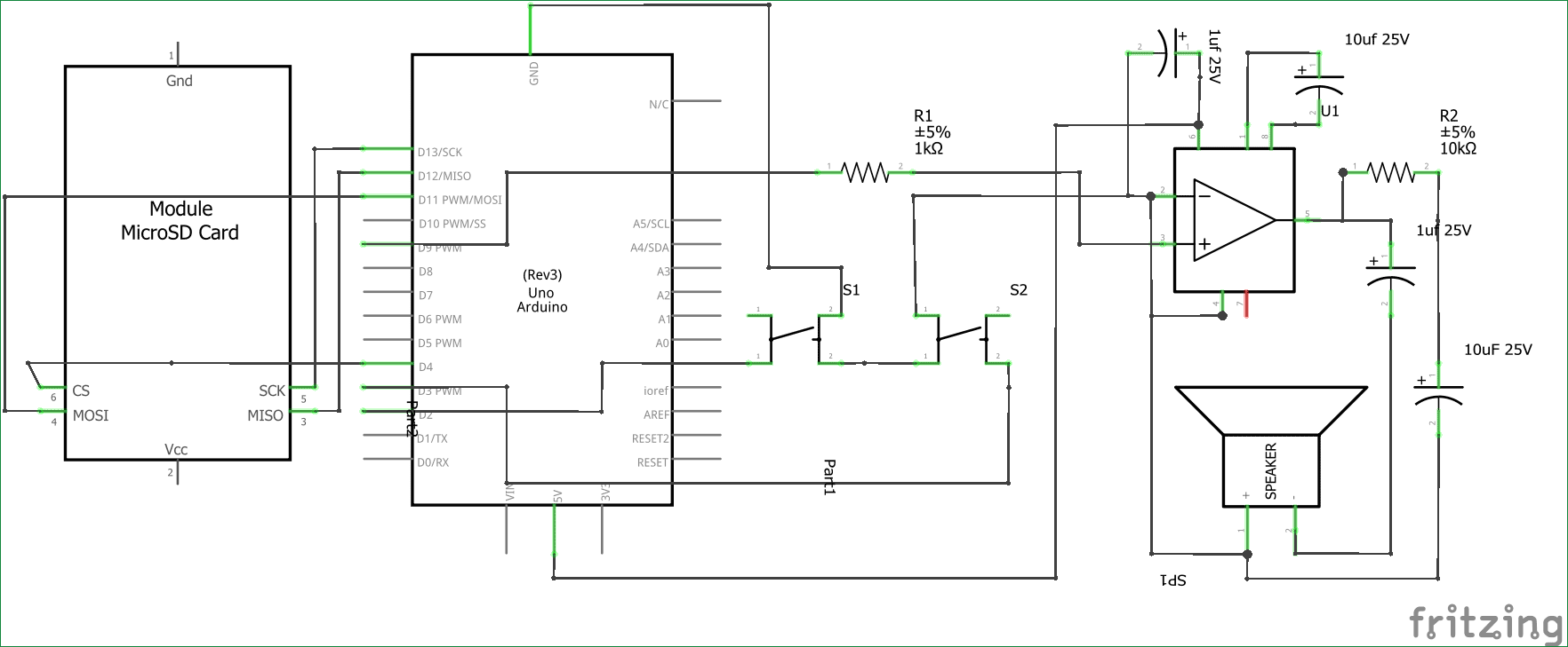 Simple Arduino Audio Player with LM386 amplifier circuit diagram