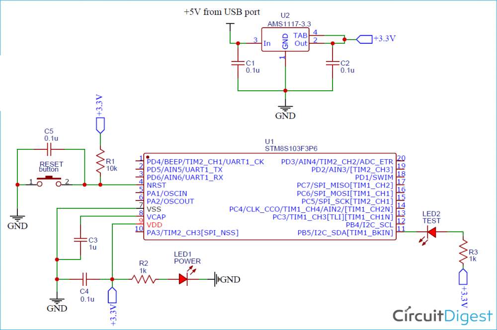STM8S103F3P6 Development Board Circuit Diagram