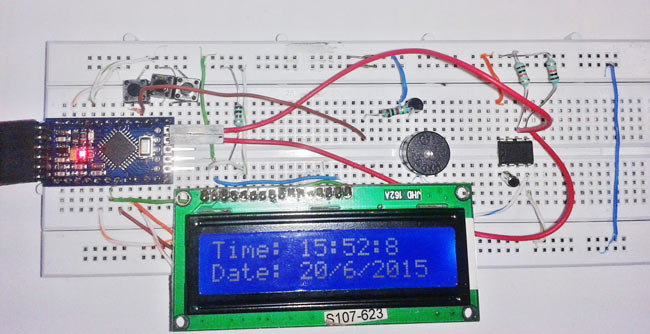 Breadboard setup of arduino based alarm clock