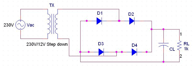 Bridge type Full wave rectifier circuit diagram