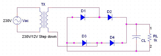 Full wave rectifier circuit diagram with filter