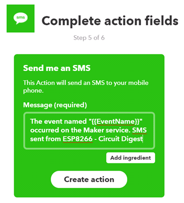 Create action for sending sms