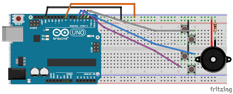 playing tones using Arduino tone function breadboard circuit