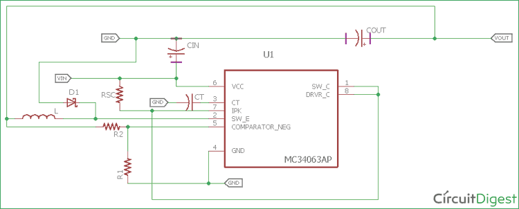 12V to 5V Buck Converter Circuit Diagram using MC34063