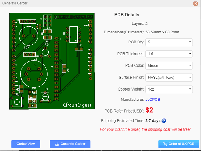 Arduino Alcohol Detector Circuit PCB detailed dimension