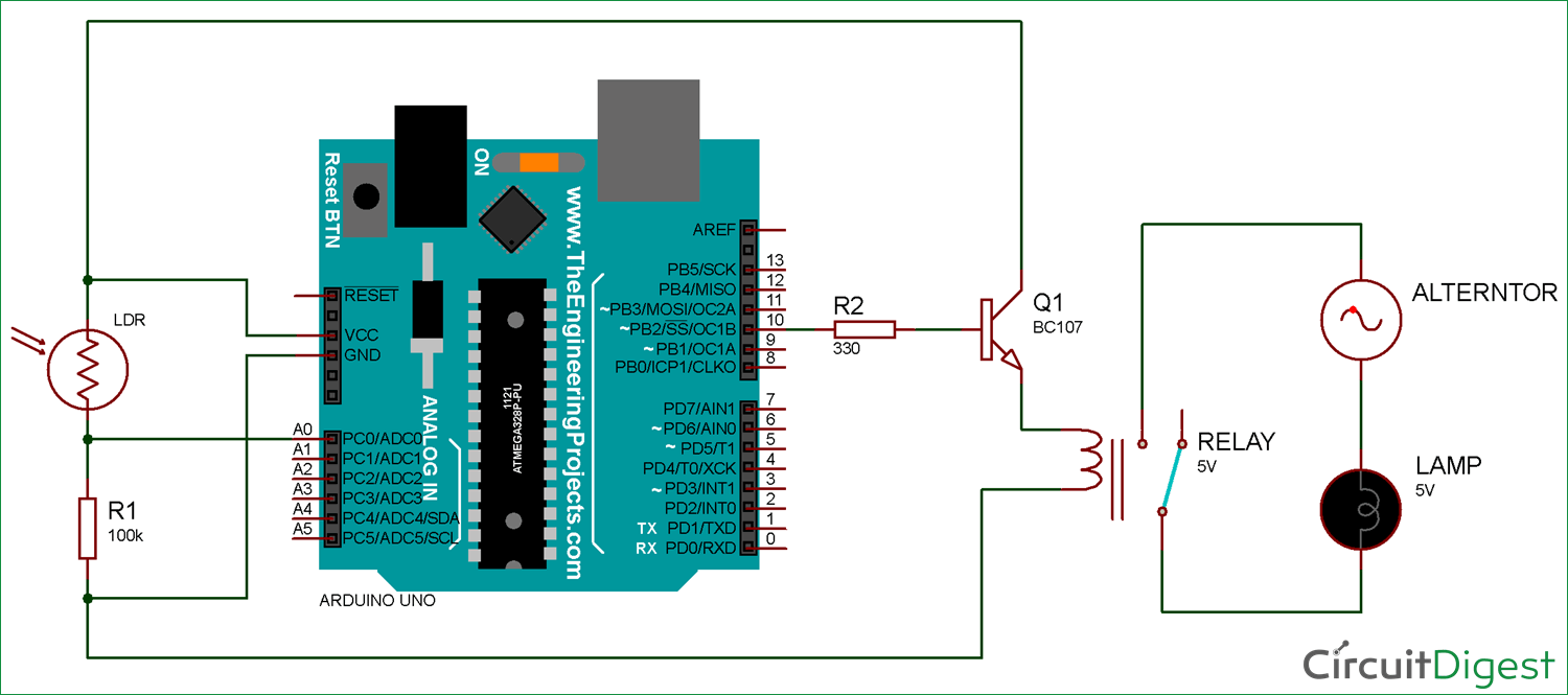 Arduino Light Sensor Circuit diagram using LDR and Relay