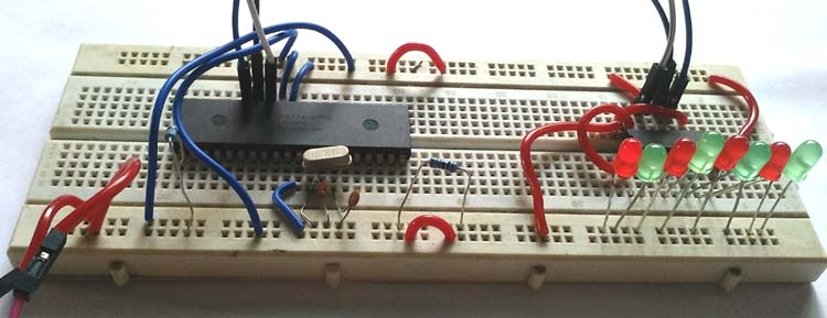 Circuit Hardware for Interfacing 74HC595 Serial Shift Register with PIC Microcontroller