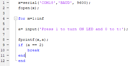 Code for Serial Communication between MATLAB and Arduino using Command Window