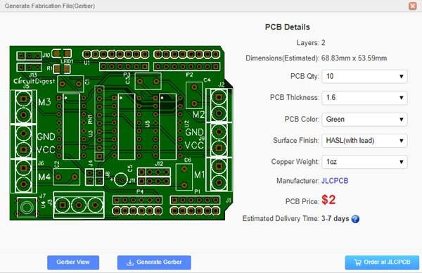DIY Arduino Motor Driver Shield PCB detailed dimension
