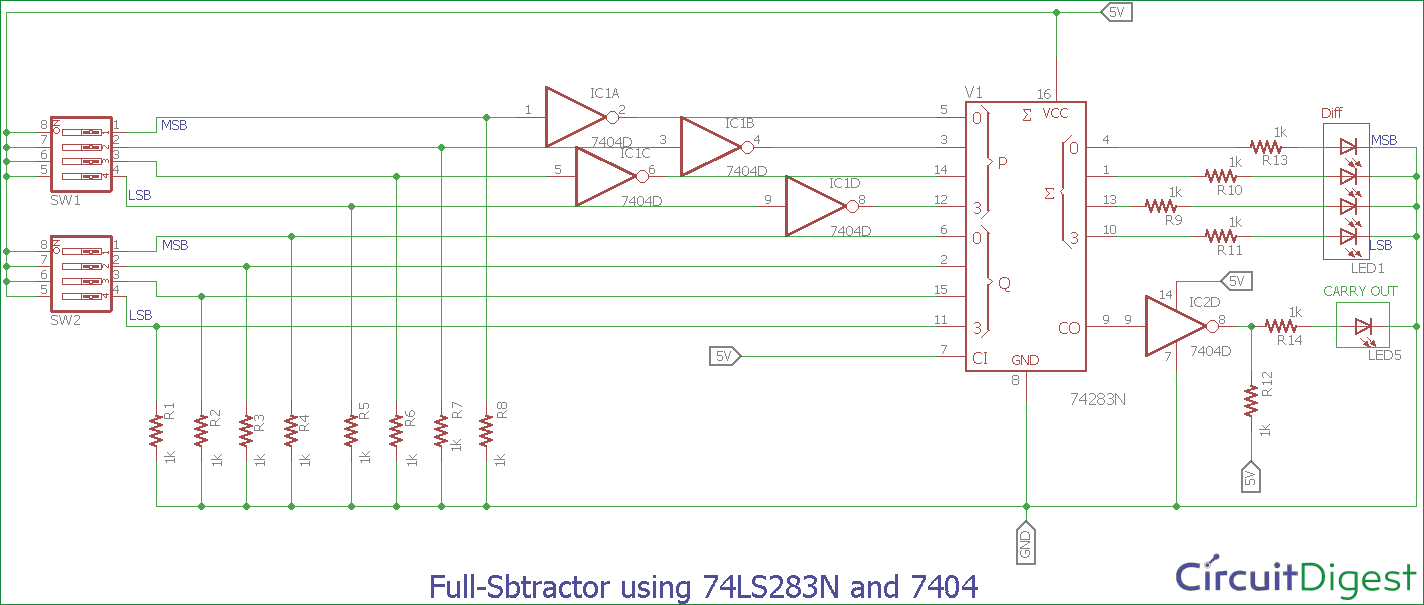Full Subtractor Circuit Diagram Using 74LS283N and 7404