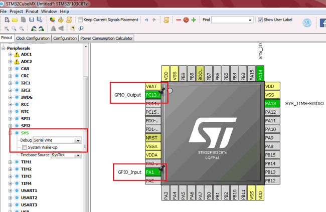 Selected IO Configuration for STM32F103C8 in STM32CubeMX