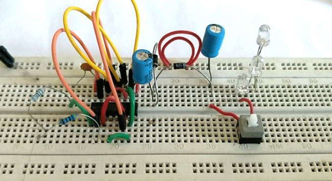 Setting up circuit on breadboard of Simple LED Torch Circuit using 4049 IC