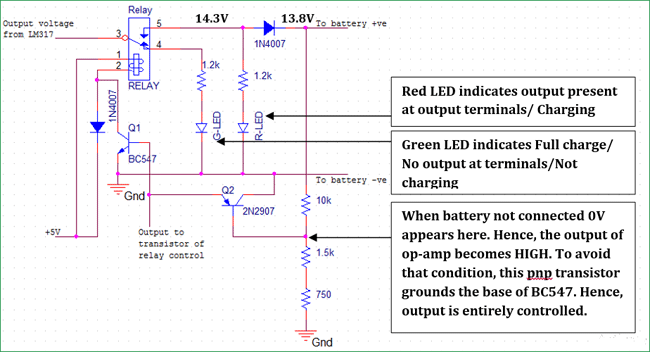 operation of relay LEDs and control transistors for float charger circuit for 12v battery