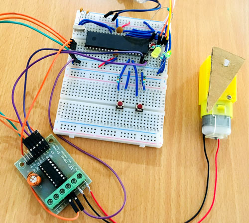 DC Motor with Atmega16 Circuit Connections on Breadboard