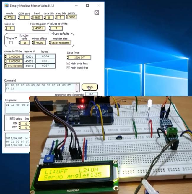 Controlling Servo at angle 135 using Arduino UNO as RS-485 Modbus Slave