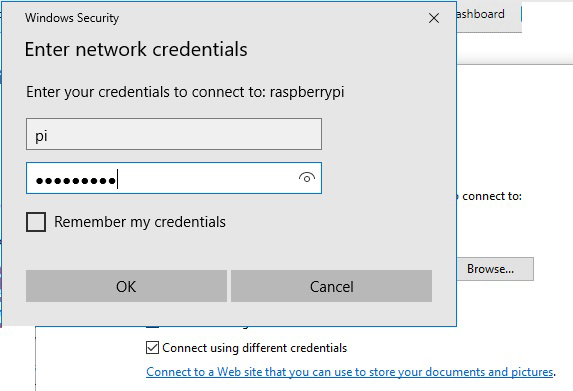 Enter Credentials for Raspberry Pi Samba Server