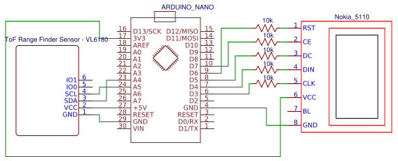 Schematic for connecting VL6180 ToF Range Finder Sensor with Arduino
