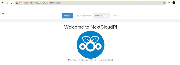 Next Cloud Pi Welcome Window