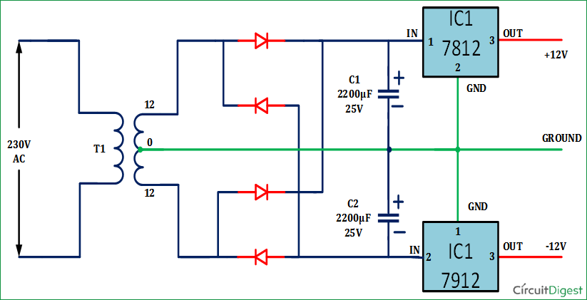 +12V and -12V Dual Power Supply Circuit Diagram