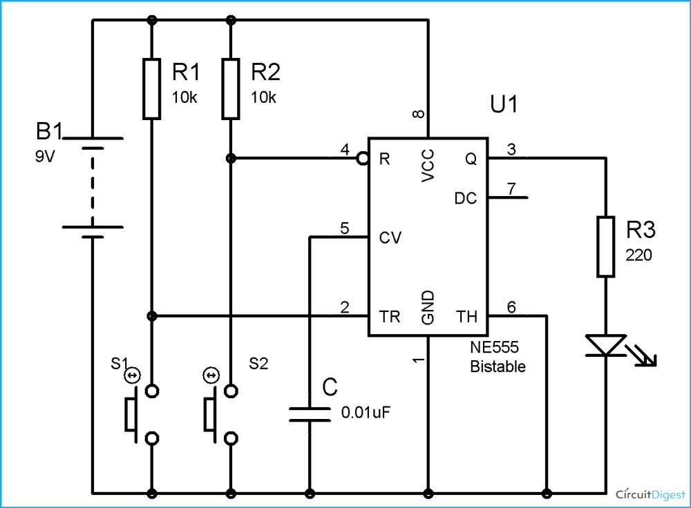 555 Timer Bistable Multivibrator Circuit Diagram