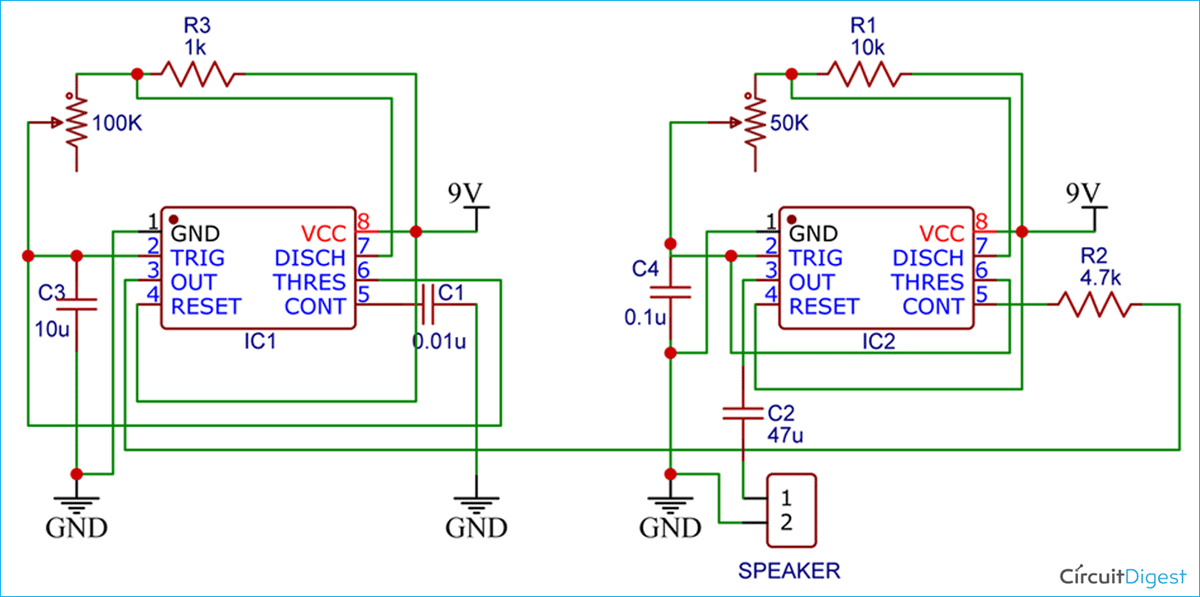 555-Timer based Police Siren Circuit Diagram