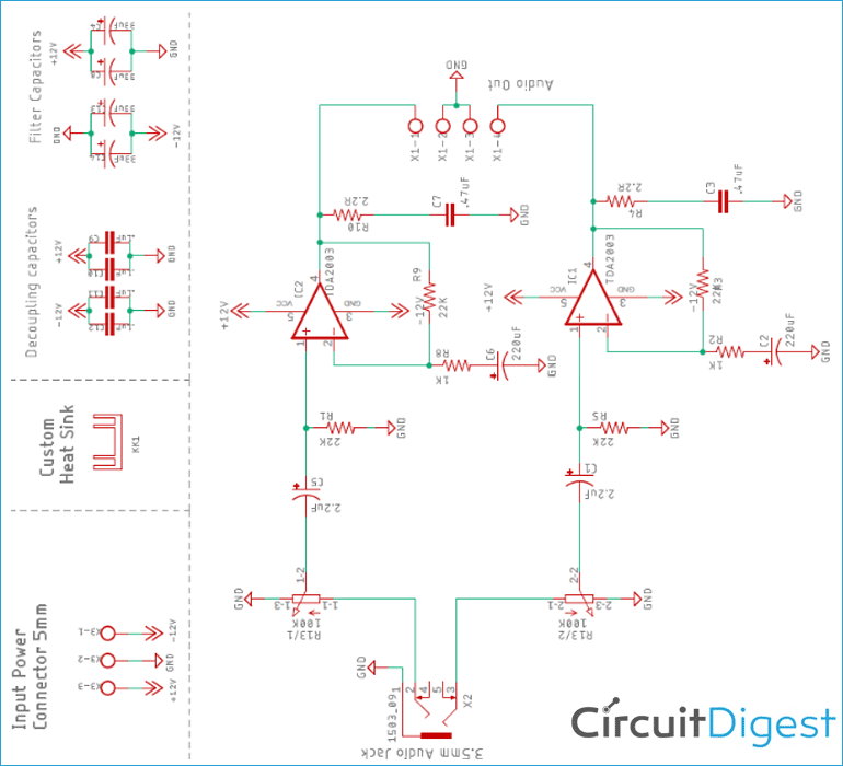 Simple 2x32 Watt Audio Amplifier Circuit Diagram Using Tda2050