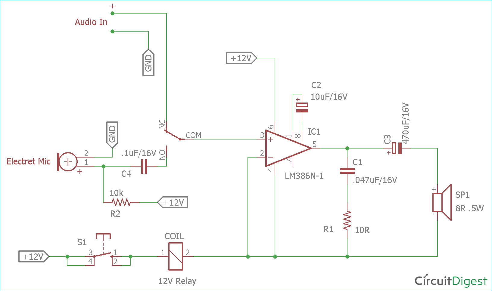 Audio Voice Over Circuit Diagram using LM386