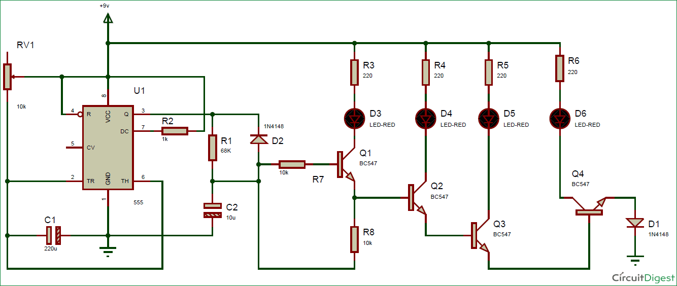 Bike/Car Turning Signal Indicator Circuit using 555 Timer IC