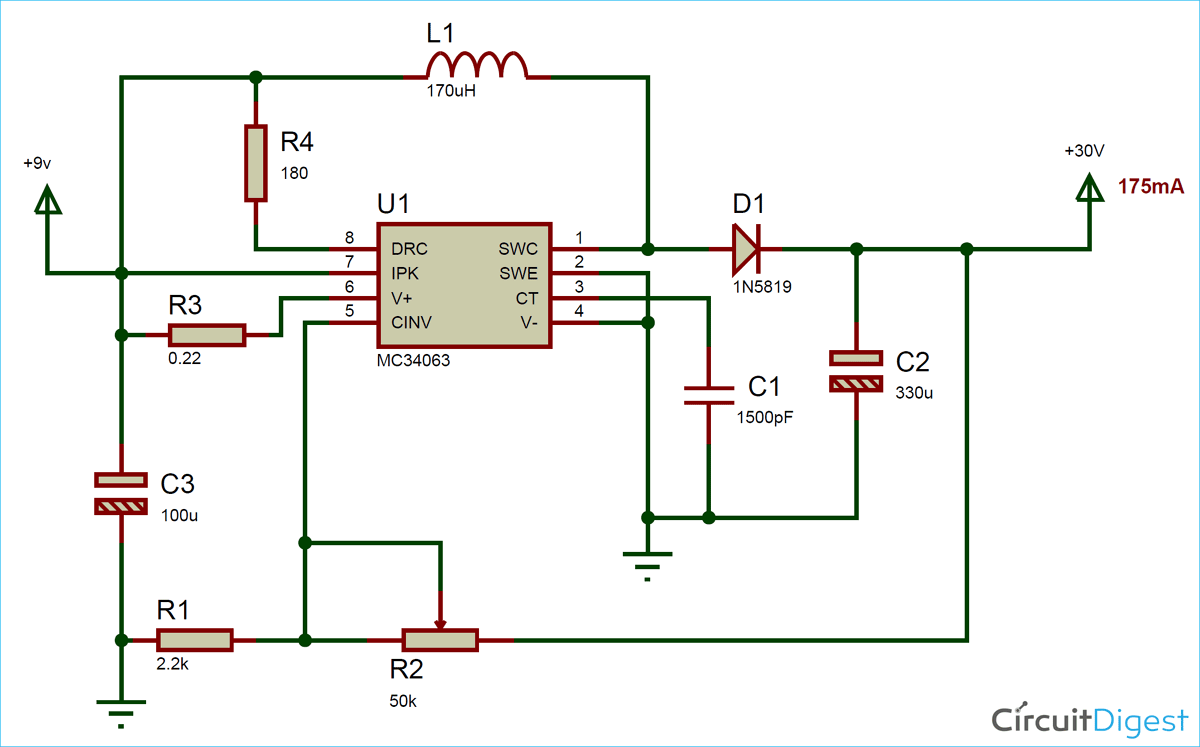 DC to DC Boost Converter Circuit Diagram using MC34063