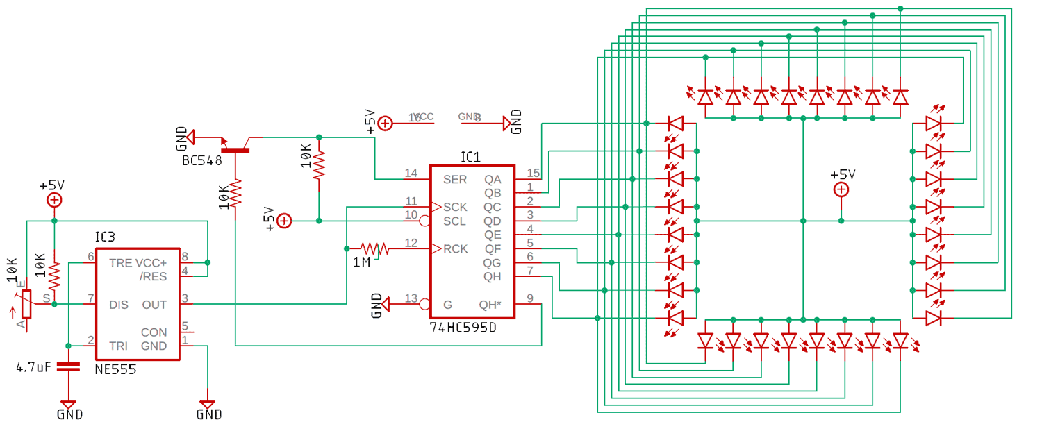 Circuit Diagram - 74HC595 based Circular LED Chaser using 555 Timer IC