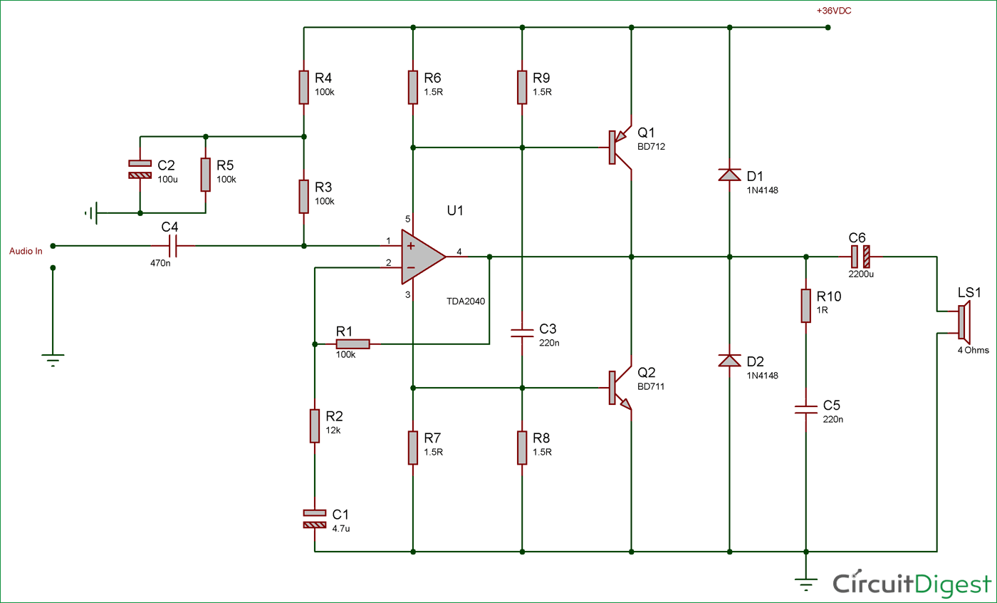 40 Watt Audio  Amplifier  Circuit  Diagram  using TDA2040 and 