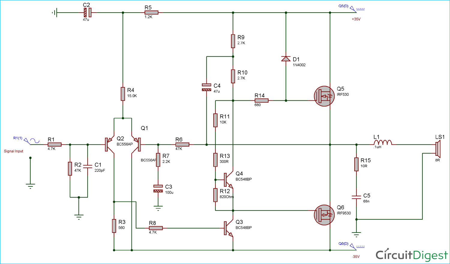 108 Power Amplifier Circuit Diagram With Pcb Layout Eleccircuit Com