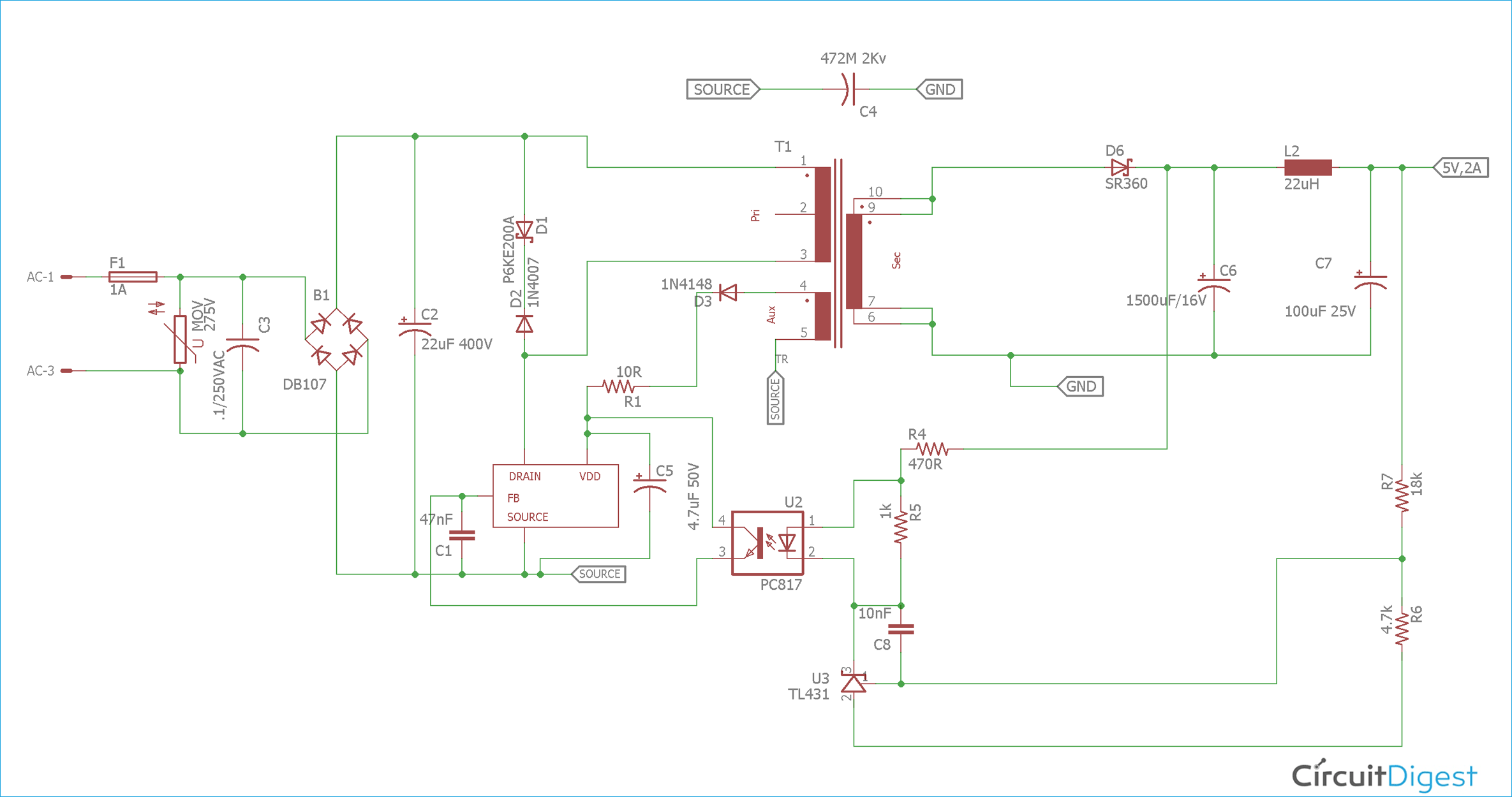 Circuit Diagram of 12V 1A Power Supply Circuit Design using VIPer22A