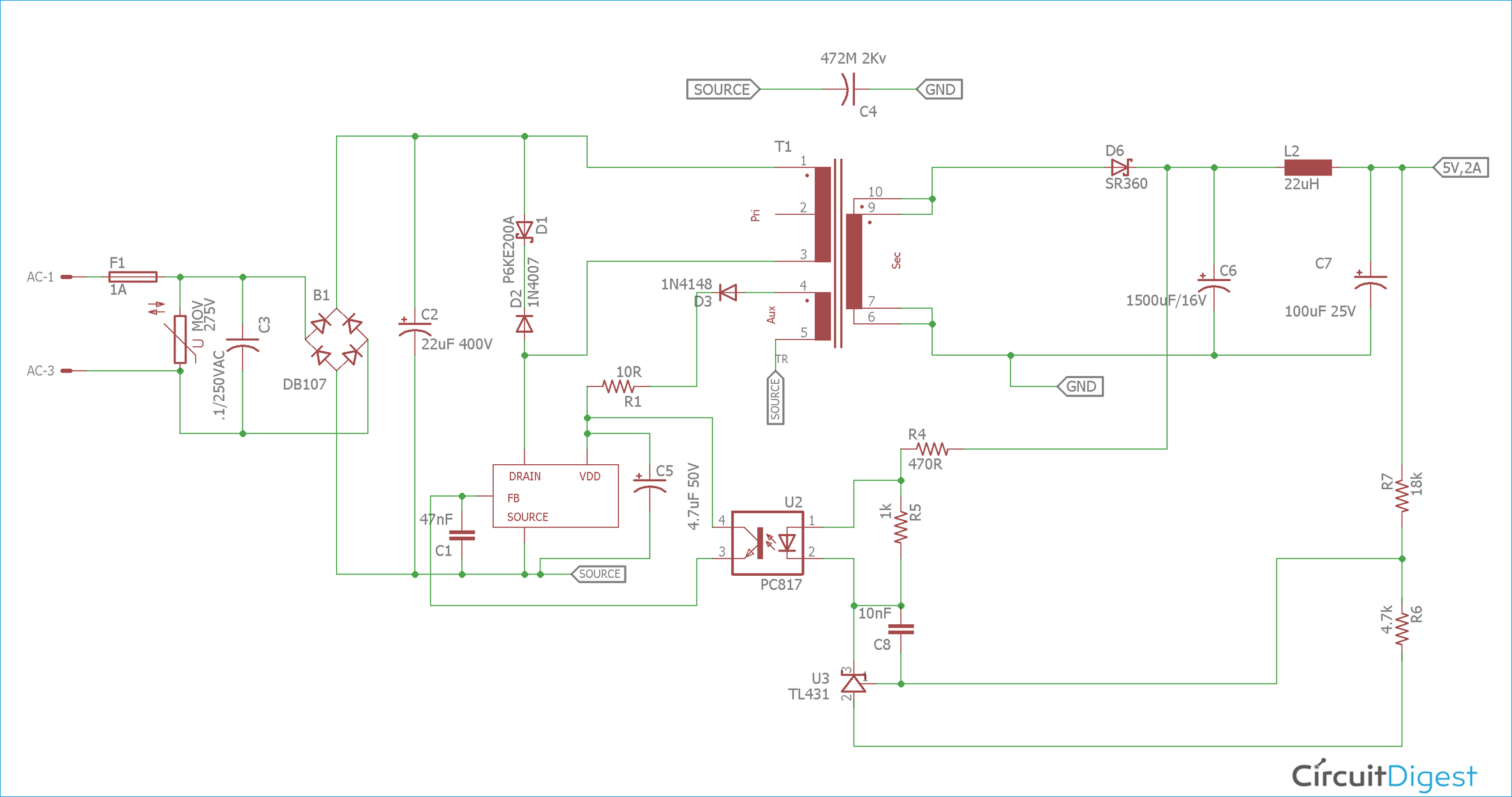 12V 1A Power Supply Circuit Design using VIPer22A