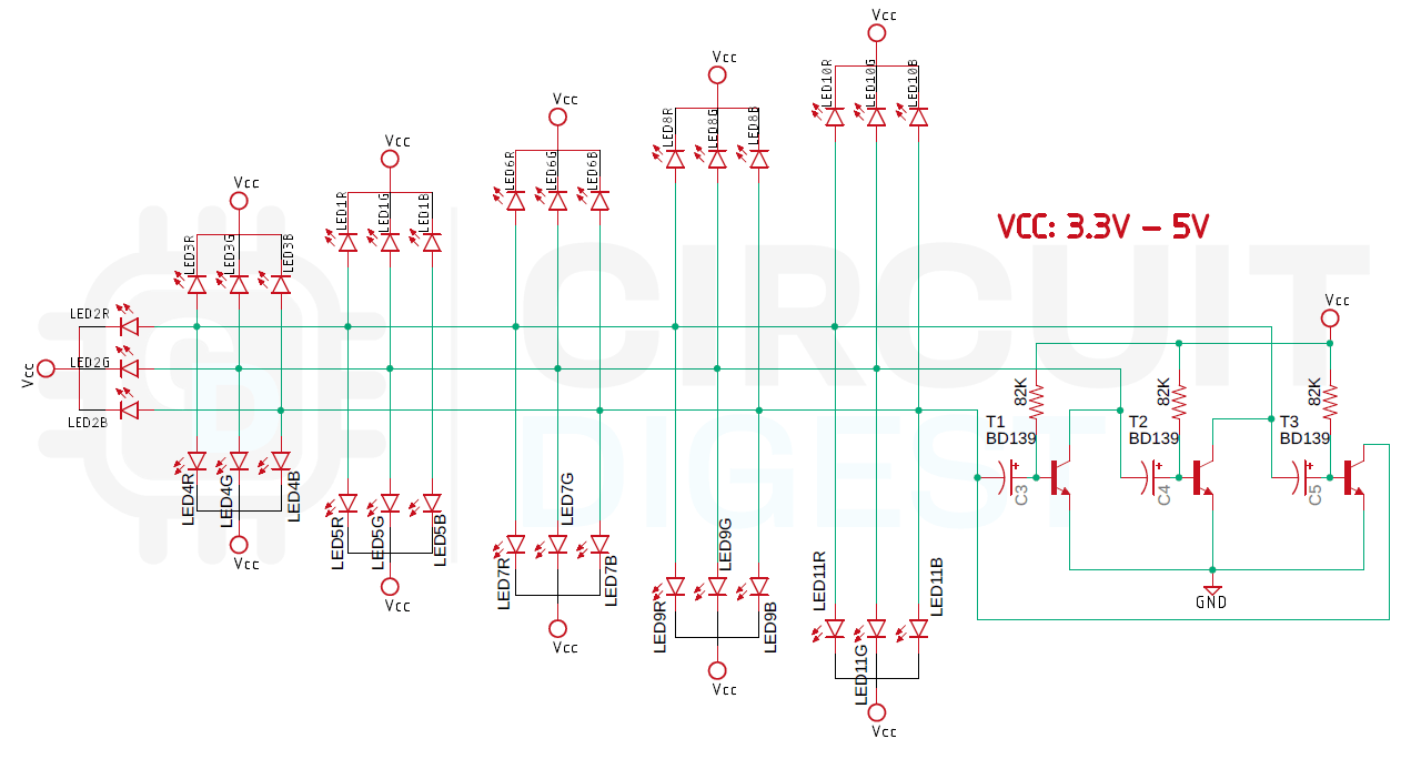 Circuit Diagram - Color Changing RGB LED Tree using Transistor