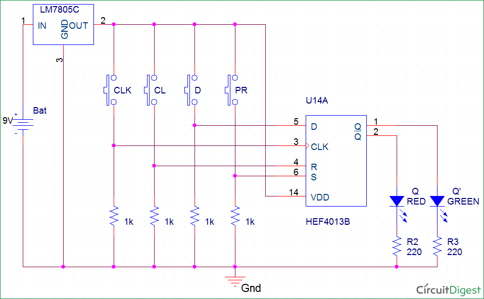 D flip-flop circuit diagram with IC-HEF4013BP