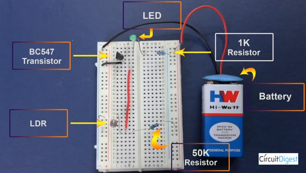 Darkness Detector Circuit using LDR