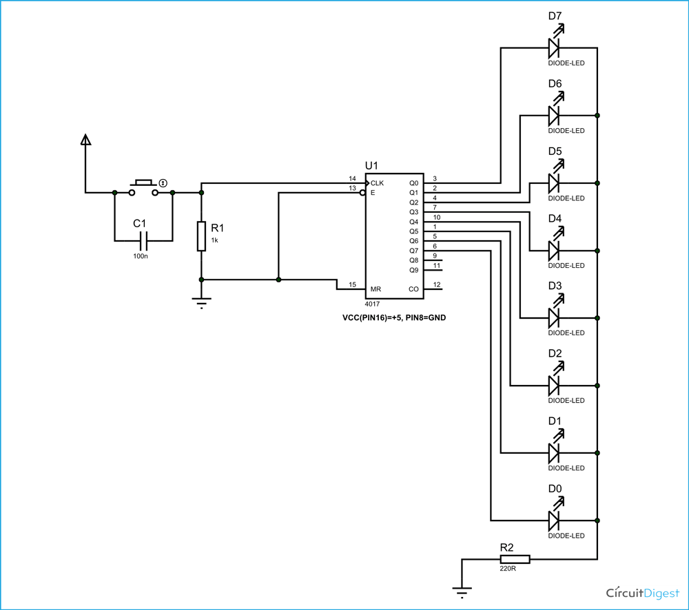 Decimal Counter Circuit Diagram using 4017 Decade Counter IC