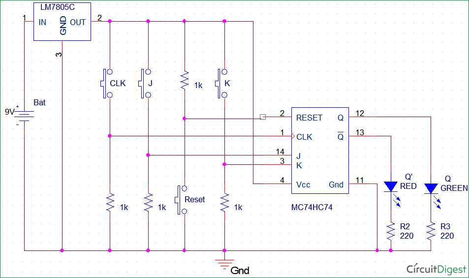 JK flip-flop circuit diagram with IC MC74HC73A