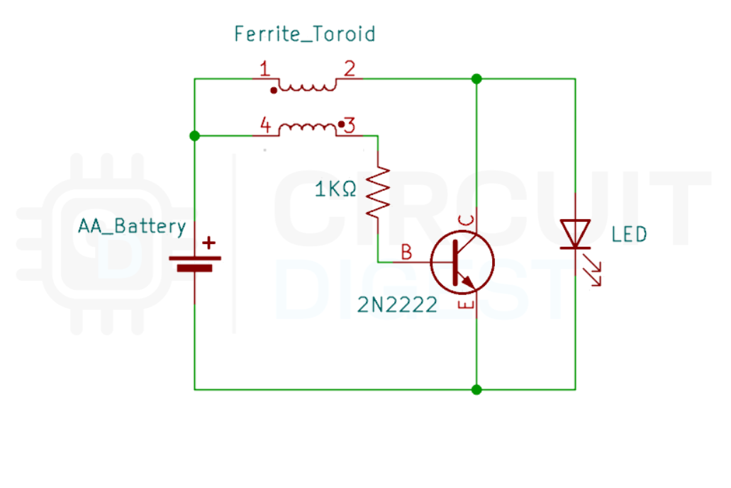 Joule Thief Circuit diagram Joule Thief Circuit Diagram showing toroid windings, NPN transistor, resistor, and LED connections