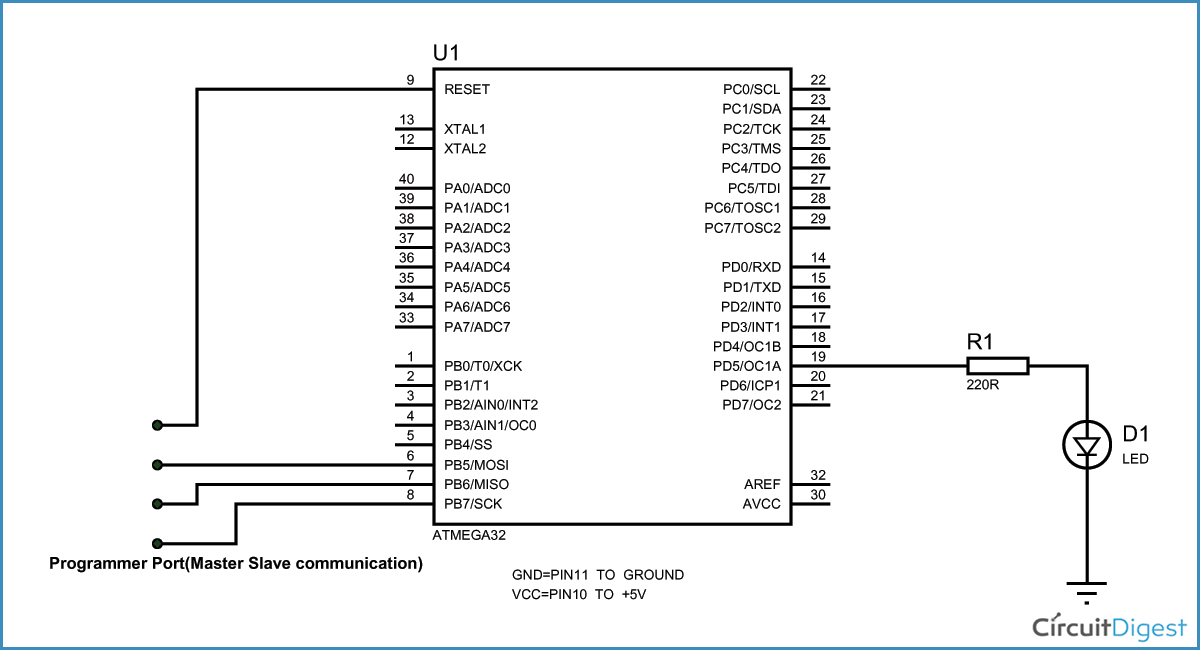 ATmega32A LED Blinking Circuit Diagram