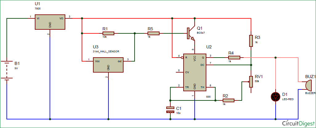 Magnetic Door Alarm Circuit Diagram using Hall Sensor and 555 Timer IC