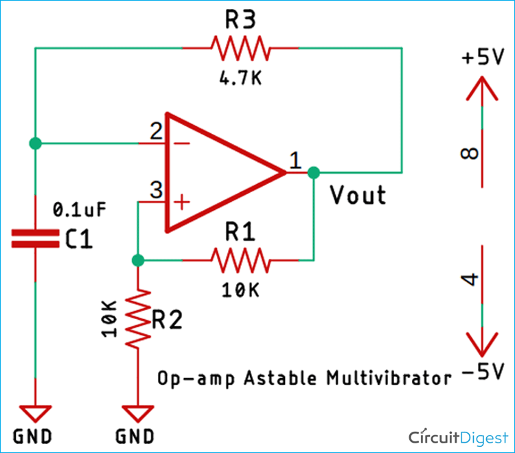 LM358 Op-amp Astable Multivibrator Circuit Diagram