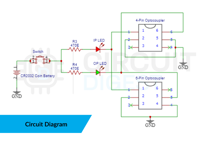 Optocoupler tester circuit diagram showing input LED path with R1 and red LED, output phototransistor path with R2 and green LED, push button, and 3.7V Li-ion battery on a dot board