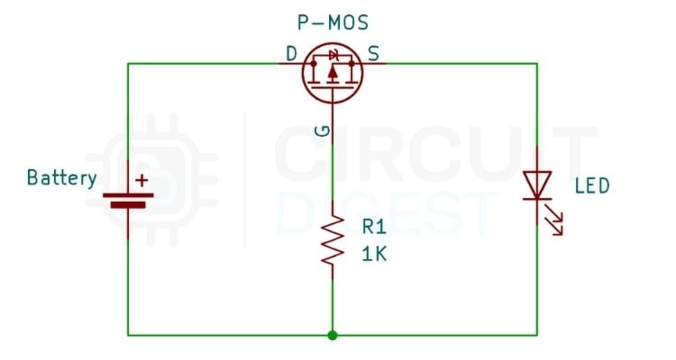 P-channel MOSFET reverse polarity protection circuit — IRF9710 with gate pull-down resistor and 1N4007 blocking diode. VGS controls turn-on automatically based on supply polarity.